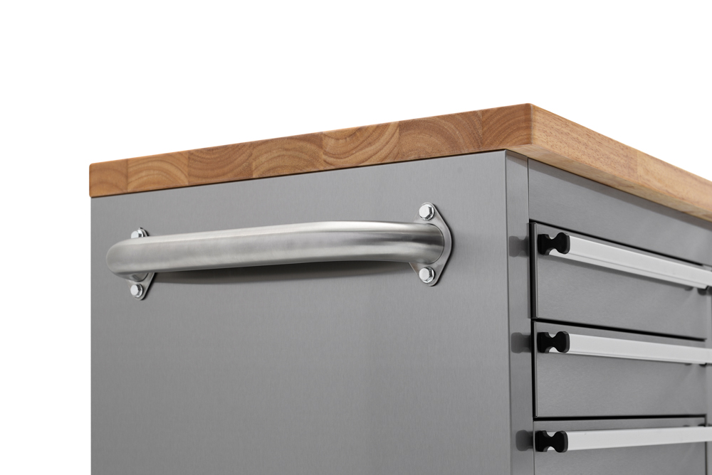 Metal cabinet with wooden countertop