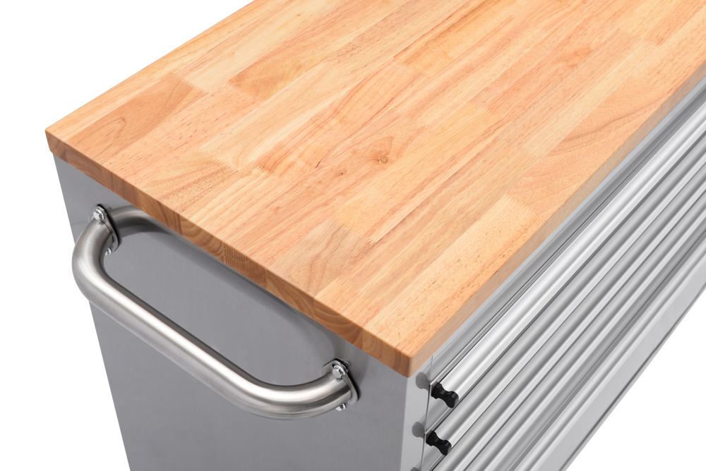 Metal cabinet with wooden countertop