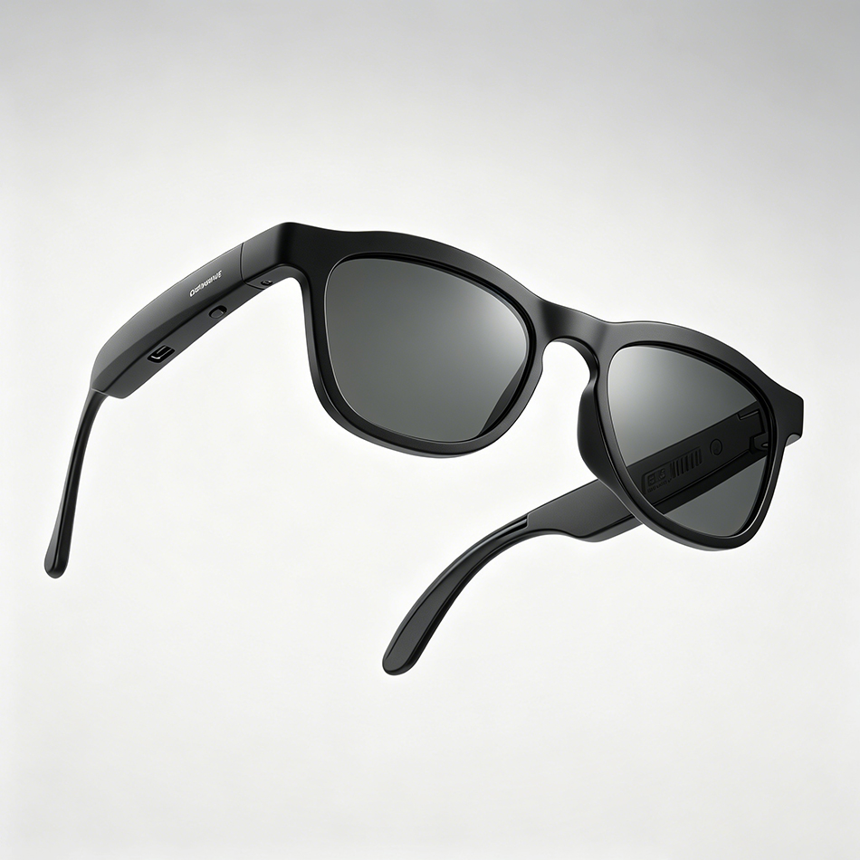 Multi-angle smart eyewear studio photoshoot from Product Photography china team Black sunglasses with modern design